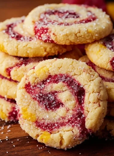 A plate of chewy lemon raspberry cookies with a vibrant raspberry topping.