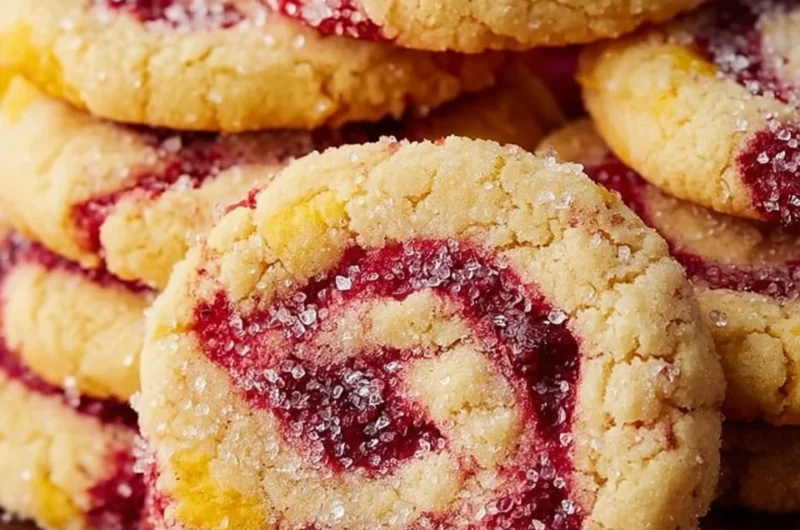 A plate of chewy lemon raspberry cookies with a vibrant raspberry topping.