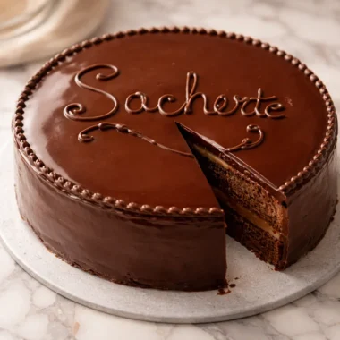 Classic Sachertorte - Austrian chocolate cake layered with apricot preserves and chocolate glaze.