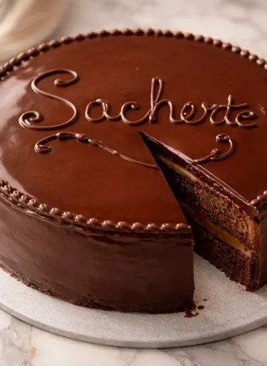 Classic Sachertorte - Austrian chocolate cake layered with apricot preserves and chocolate glaze.