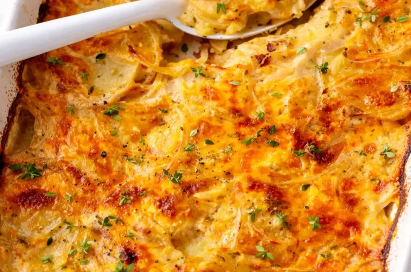 Delicious scalloped potatoes layered in creamy cheese sauce, perfect holiday side dish.