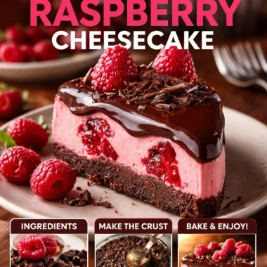 Decadent dark chocolate raspberry cheesecake topped with fresh raspberries.