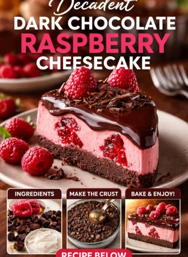 Decadent dark chocolate raspberry cheesecake topped with fresh raspberries.