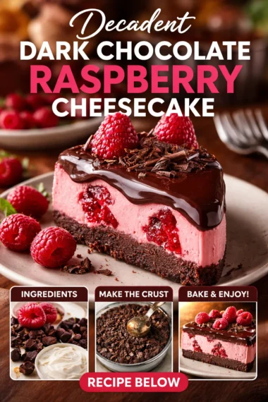 Decadent dark chocolate raspberry cheesecake topped with fresh raspberries.