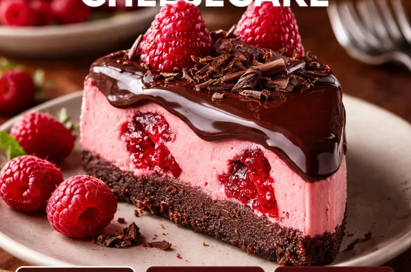 Decadent dark chocolate raspberry cheesecake topped with fresh raspberries.