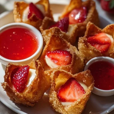 Deep-Fried Strawberry Cheesecake Stuffed Wonton Bites 38 Deep-fried strawberry cheesecake wonton bites served on a plate