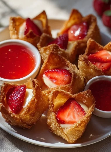 Deep-fried strawberry cheesecake wonton bites served on a plate