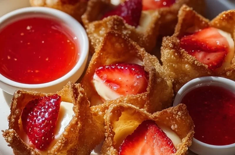 Deep-fried strawberry cheesecake wonton bites served on a plate