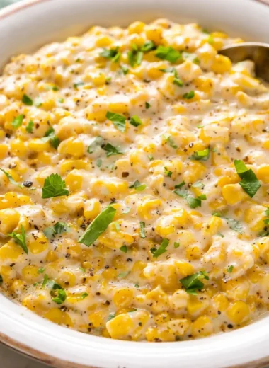 A bowl of creamy, cheesy creamed corn dish garnished with fresh herbs.