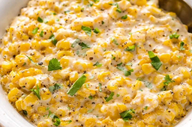 A bowl of creamy, cheesy creamed corn dish garnished with fresh herbs.