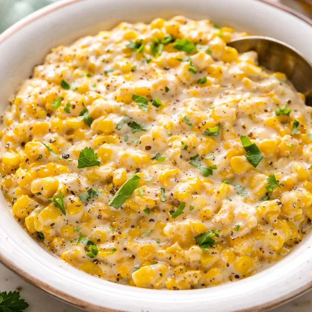 Delicious Creamed Corn Dishes Your Family Will Love! 34 A bowl of creamy, cheesy creamed corn dish garnished with fresh herbs.