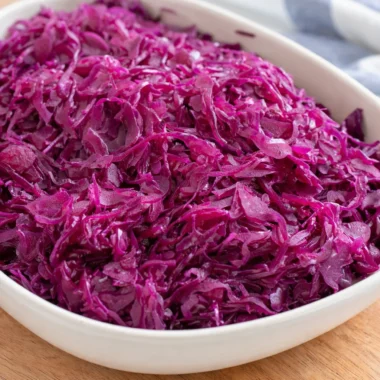 Delicious German Red Cabbage (Rotkohl) served as a traditional side dish with apples and spices.