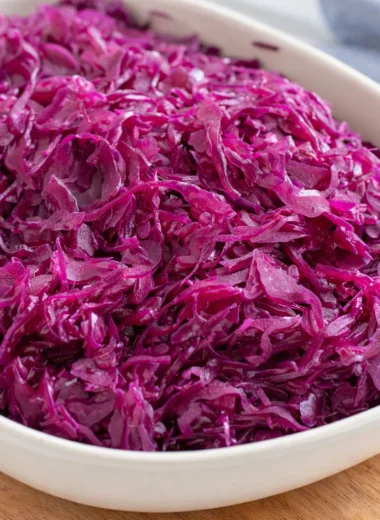 Delicious German Red Cabbage (Rotkohl) served as a traditional side dish with apples and spices.