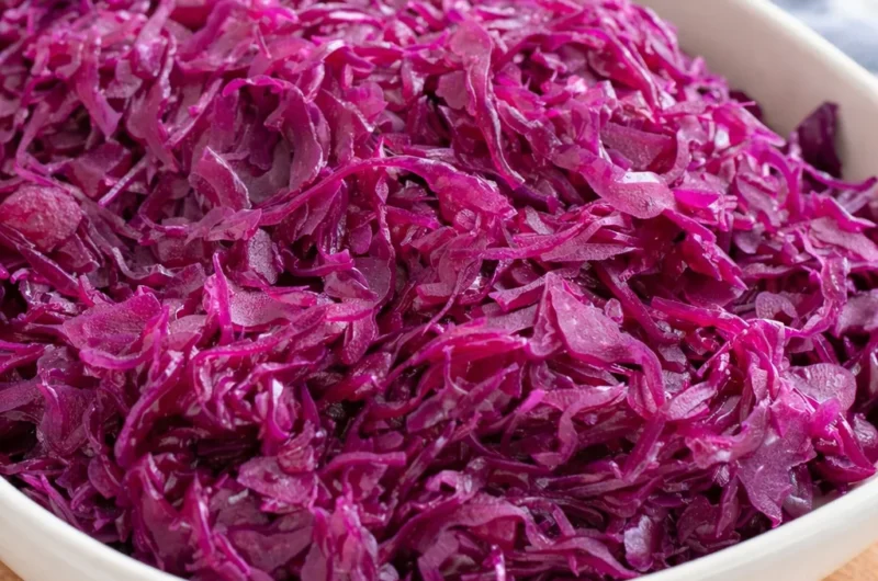 Delicious German Red Cabbage (Rotkohl) served as a traditional side dish with apples and spices.