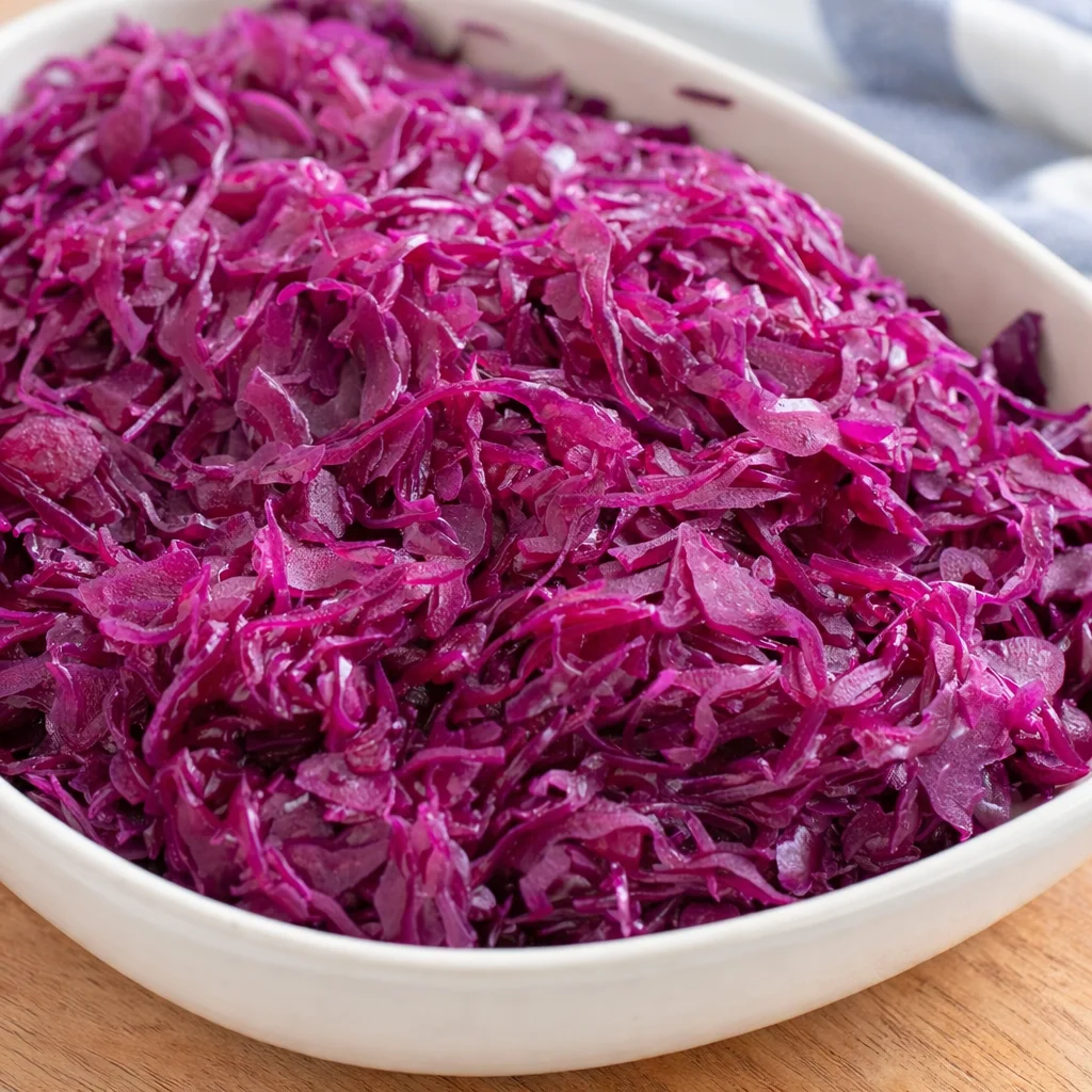Delicious German Red Cabbage (Rotkohl) served as a traditional side dish with apples and spices.