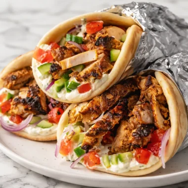 Juicy gyros marinade chicken served in pita with fresh vegetables and tzatziki sauce.