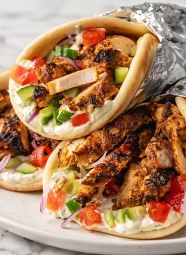 Juicy gyros marinade chicken served in pita with fresh vegetables and tzatziki sauce.