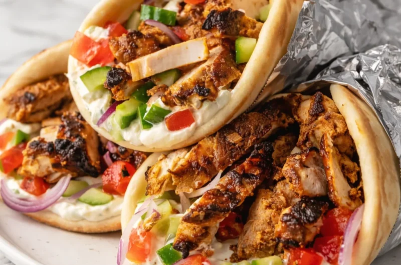 Juicy gyros marinade chicken served in pita with fresh vegetables and tzatziki sauce.