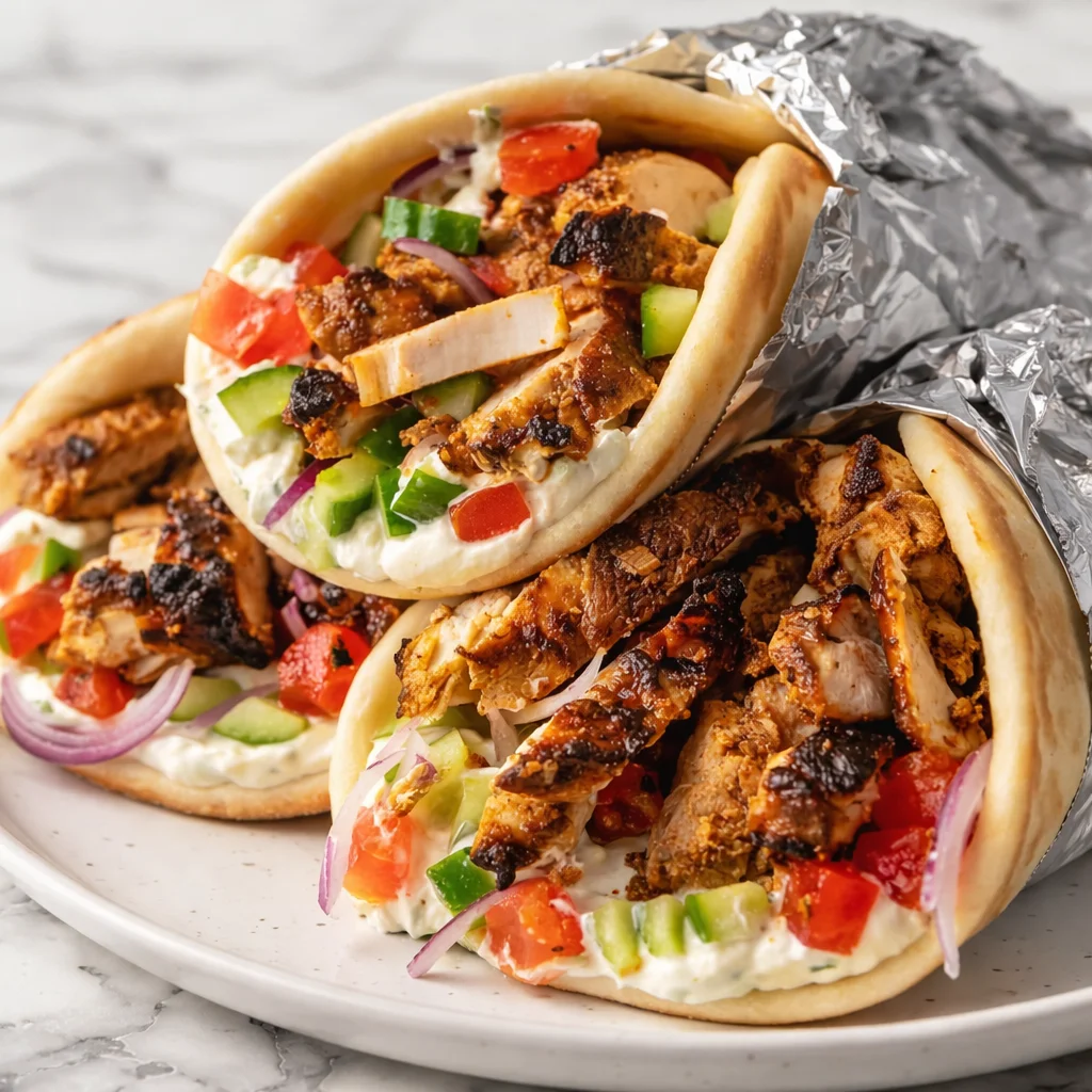Juicy gyros marinade chicken served in pita with fresh vegetables and tzatziki sauce.