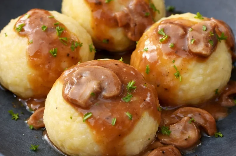 Traditional German Kartoffelklöße potato dumplings served with gravy.