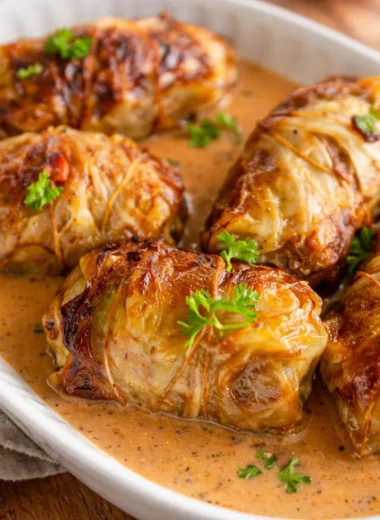Delicious Kohlrouladen, German stuffed cabbage rolls filled with meat and spices.