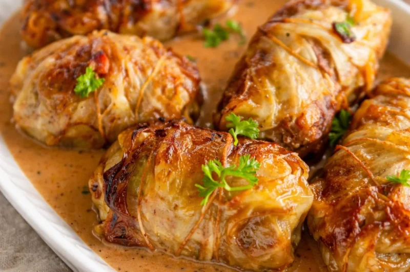 Delicious Kohlrouladen, German stuffed cabbage rolls filled with meat and spices.