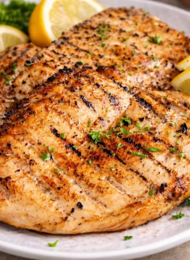 Delicious grilled chicken breast on the grill, marinated and perfectly cooked.