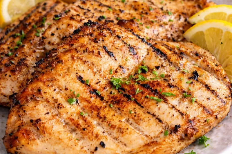 Delicious grilled chicken breast on the grill, marinated and perfectly cooked.