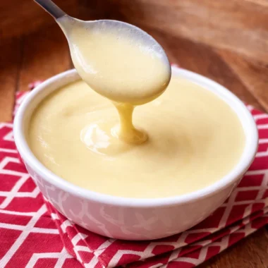 Bowl of homemade Vanillesoße, a classic German vanilla sauce, with vanilla pods.