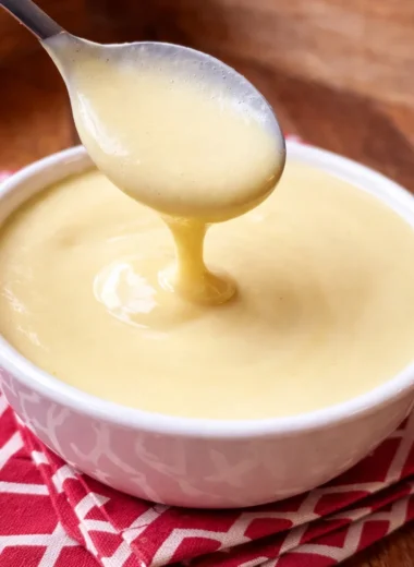 Bowl of homemade Vanillesoße, a classic German vanilla sauce, with vanilla pods.