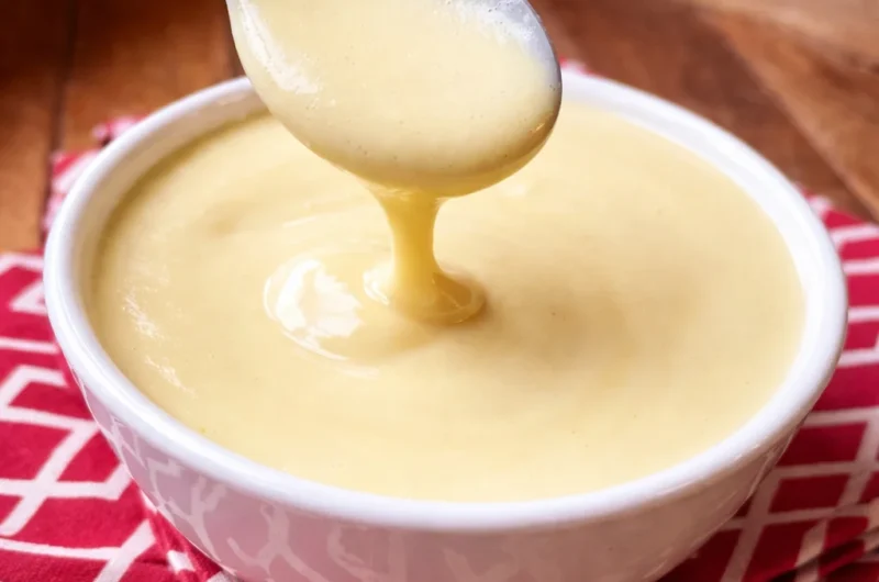 Bowl of homemade Vanillesoße, a classic German vanilla sauce, with vanilla pods.