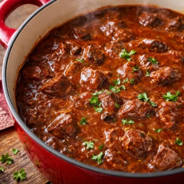 Delicious Authentic German Goulash served with noodles and fresh herbs