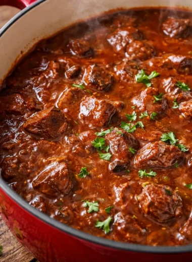 Delicious Authentic German Goulash served with noodles and fresh herbs