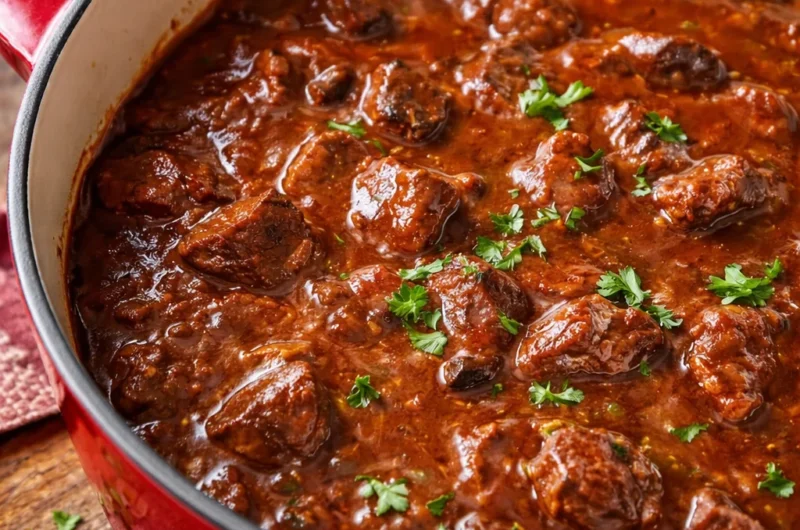 Delicious Authentic German Goulash served with noodles and fresh herbs