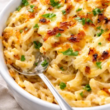 Authentic Käsespätzle, German macaroni and cheese with cheese and caramelized onions