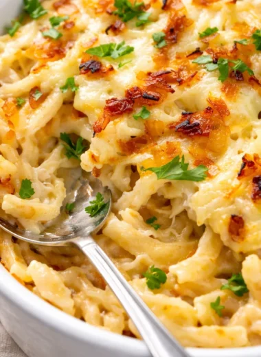 Authentic Käsespätzle, German macaroni and cheese with cheese and caramelized onions