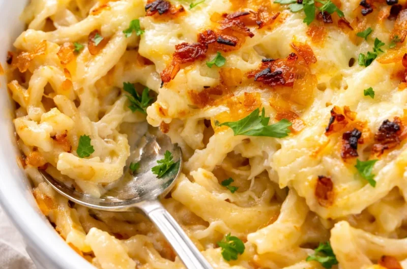 Authentic Käsespätzle, German macaroni and cheese with cheese and caramelized onions