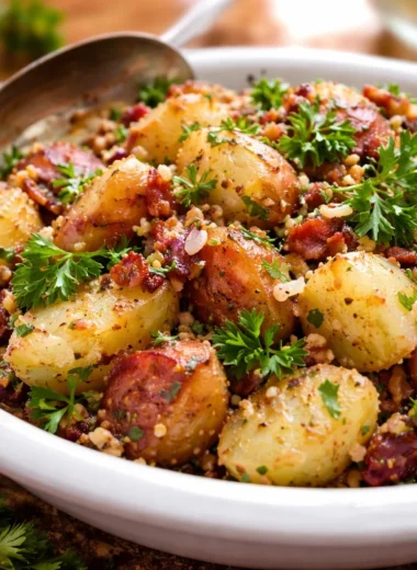 Delicious warm German potato salad with bacon, herbs, and tangy dressing.