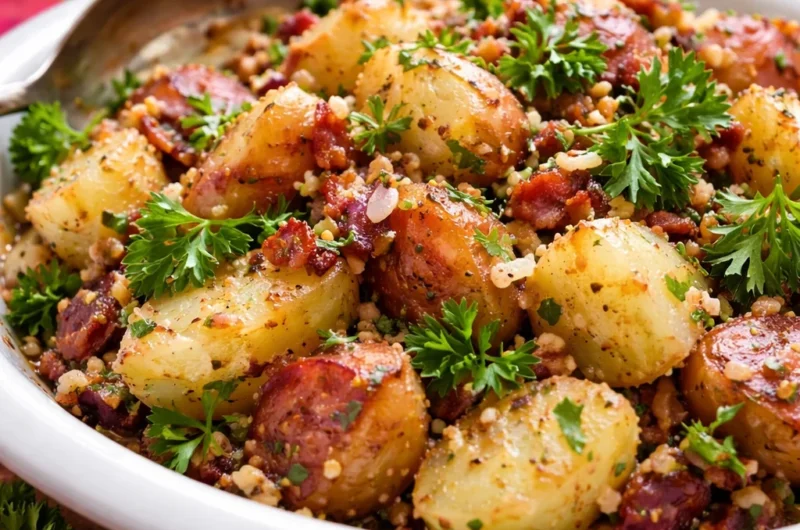 Delicious warm German potato salad with bacon, herbs, and tangy dressing.