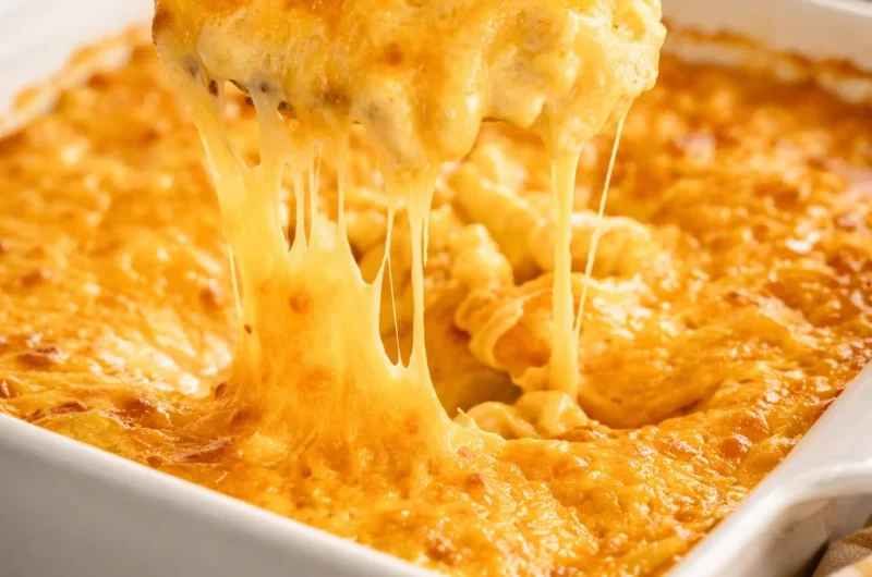A comforting dish of traditional macaroni and cheese topped with golden breadcrumbs.