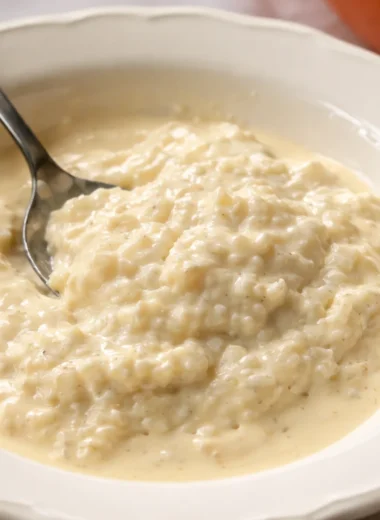 Creamy pudding rice in a bowl with a sprinkle of cinnamon and vanilla essence