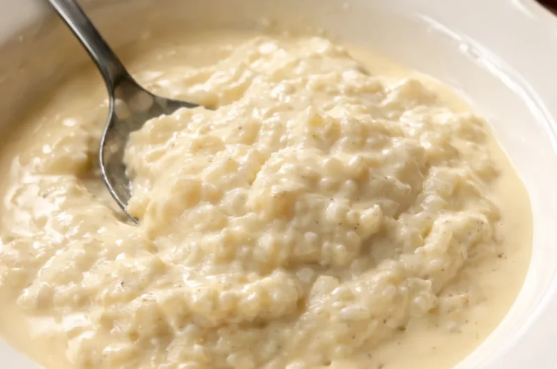 Creamy pudding rice in a bowl with a sprinkle of cinnamon and vanilla essence