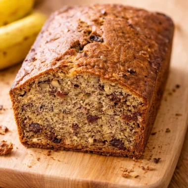 Moist banana bread fresh out of the oven with ripe bananas and a golden crust.