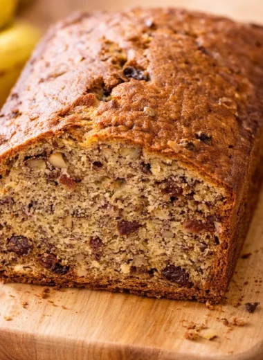 Moist banana bread fresh out of the oven with ripe bananas and a golden crust.