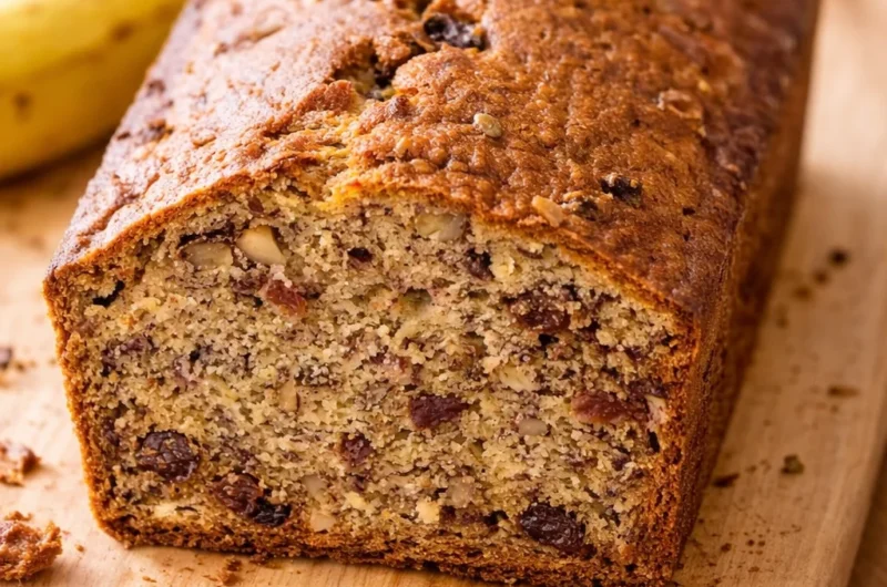 Moist banana bread fresh out of the oven with ripe bananas and a golden crust.