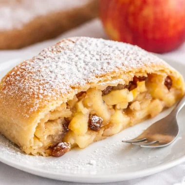 Delicious homemade German Apple Strudel (Apfelstrudel) with spiced apple filling.