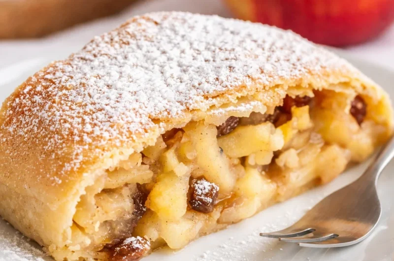 Delicious homemade German Apple Strudel (Apfelstrudel) with spiced apple filling.