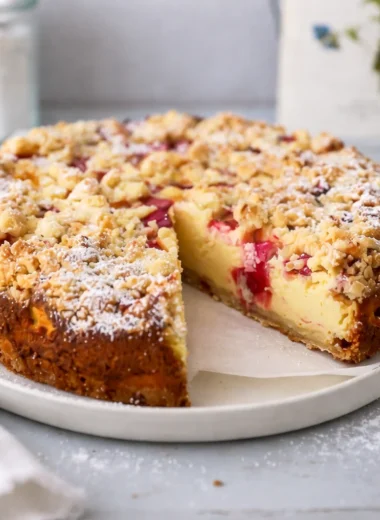 Slice of German Rhubarb Streusel Cake (Rhabarber Streuselkuchen) with crumbly topping