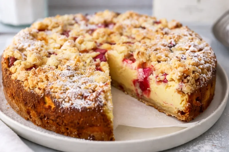 Slice of German Rhubarb Streusel Cake (Rhabarber Streuselkuchen) with crumbly topping