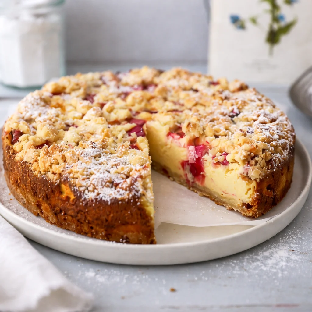 Deliciously Easy German Rhubarb Streusel Cake Recipe (Rhabarber Streuselkuchen) 34 Slice of German Rhubarb Streusel Cake (Rhabarber Streuselkuchen) with crumbly topping